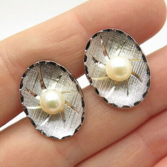 925 Sterling Silver Vintage Real Pearl Etched Cufflinks
